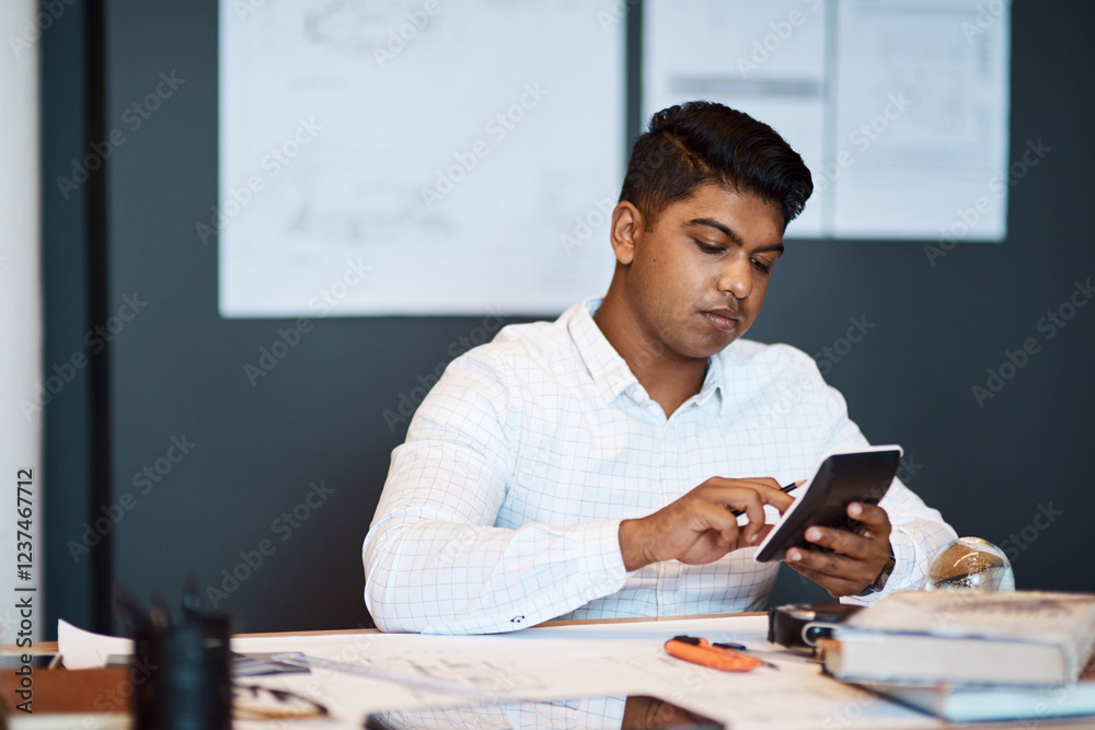 Poster plan, man and engineer with calculator in office for blueprint measurement or construction project c