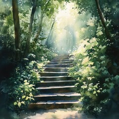 Soft Watercolor Stairs in a Forest Glade with Dappled Sunlight and Greenery