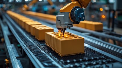 Automated Battery Production Line: Robotic Arm Assembling Energy Storage Units in Modern Factory