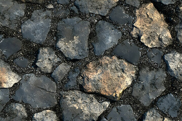 Fototapeta premium Dark Stone Pavement Texture: A detailed close-up shot reveals the rough, irregular texture of a dark stone pavement, showcasing a mix of dark grey and brownish stones set in dark grout.