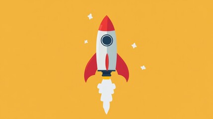 Rocket launching into space digital illustration vibrant yellow background creative concept