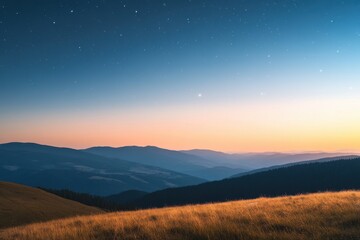 Obraz premium Twilight horizon over serene mountain landscape with starry sky