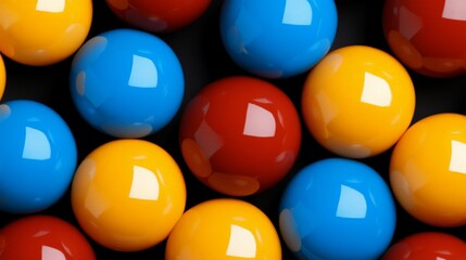 A symphony of color: vibrant red, yellow, and blue billiard balls, arranged in a captivating pattern on a dark surface, creating a visual masterpiece of contrast and texture. 