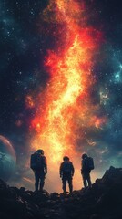 Fototapeta premium Astronauts gazing at a vibrant cosmic phenomenon at night