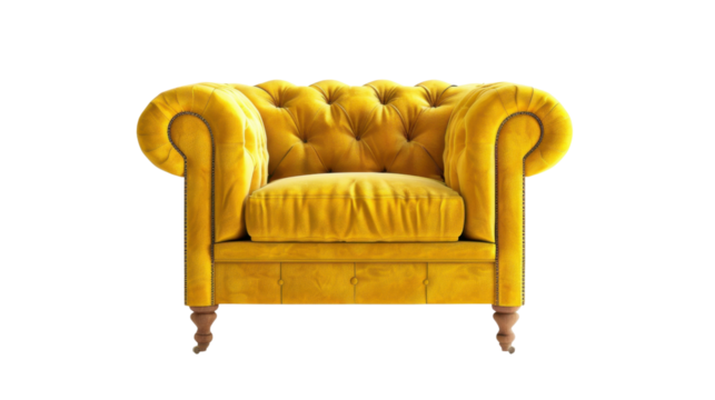 Yellow chesterfield sofa isolated on transparent background representing comfort and luxury