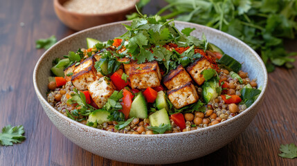 vibrant vegan protein bowl filled with lentils, chickpeas, and fresh vegetables