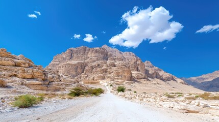 Fototapeta premium Desert mountain road, clear sky, ancient ruins, travel