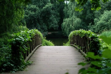 Wooden bridge in lush green forest overlooking serene river