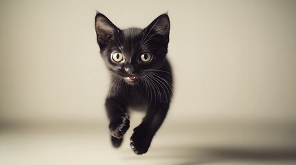 A Black Kitten Leaps Through the Air Gracefully