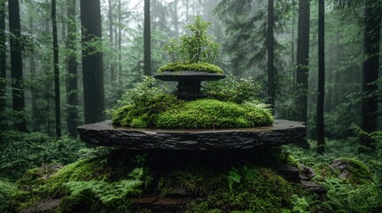 Mossy stone garden structure in misty forest