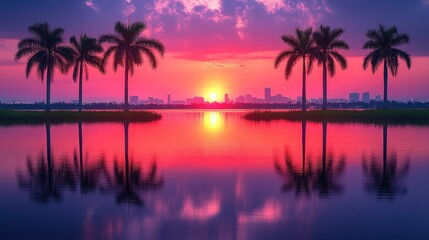 Obraz premium Majestic Sunset Over City Skyline Reflected in Tranquil Lake with Palm Trees