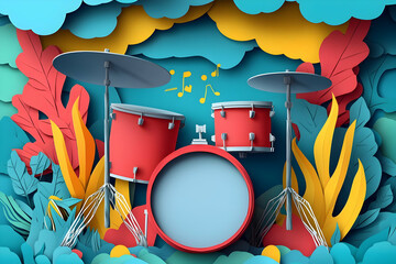 Red Drum Set Surrounded by Colorful Leaves and Clouds