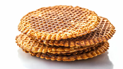 Stack of Golden Brown Waffle Cookies on White Background