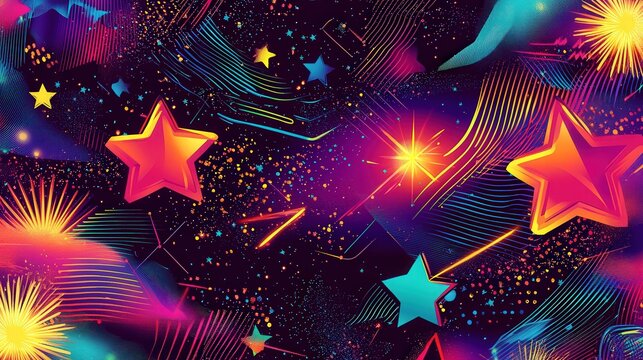 birthday background with neon colors, starbursts, and dynamic geometric patterns