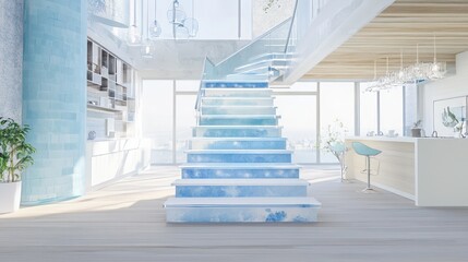 Fototapeta premium Watercolor Stairs in an Open Loft with Light Blue and White Theme