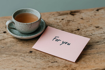 A cup of tea and a pink note saying 'For you' on a wooden table