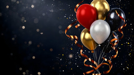 Colorful Balloons Floating in Dark Space with Ribbons