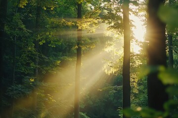 Sunlight filtering through lush green forest canopy in serene woodland scene