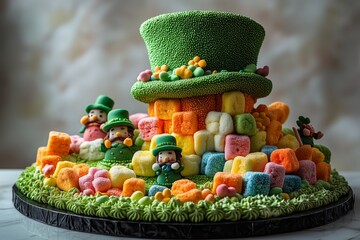 St. Patrick's Day Cake. green, hat-shaped cake with rainbow-colored frosting, filled and decorated inside with colorful miniature marshmallows in the shape of leprechauns