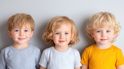 Three toddlers smiling, gray background, studio portrait, family photo