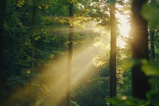 Sunlight filtering through lush green forest canopy in serene woodland scene - Powered by Adobe