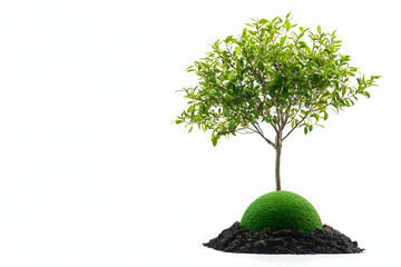 Green Tree Growing on Round Soil Hill Isolated on White