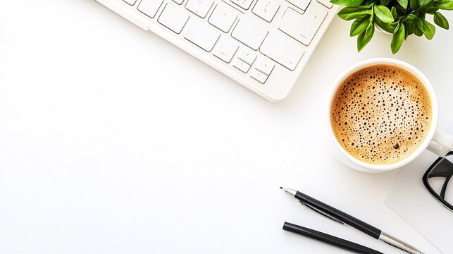 Office workspace keyboard, coffee, pens, plant.  Background White desk. Use Website banner