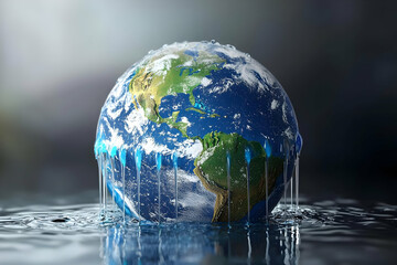 Melting Earth globe in water symbolizing climate change and global warming environmental concept for