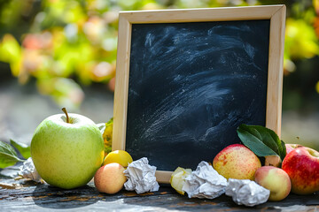 Fresh apples and a chalkboard on a wooden table perfect for autumn harvest or educational concepts o