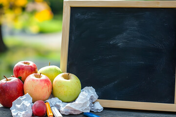 Chalkboard with apples and art supplies perfect for back to school or educational concepts outdoors