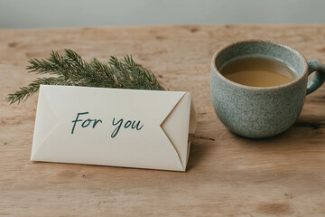 Gift card with 'For you' message and a cup of tea on a wooden table