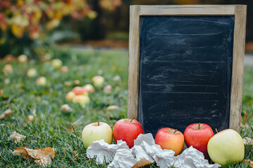 Chalkboard with apples and autumn leaves back to school concept outdoor education background