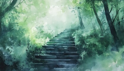 Watercolor Stairs Leading Through a Dense Forest with Green Tones and Soft Light
