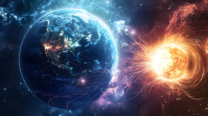 Earth and Sun interaction solar flare impacting planet cosmic energy space science and exploration c