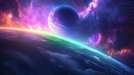 Obraz premium Neon Aurora Dances Across an Ethereal Landscape Under a Vibrant Celestial Sky During Dusk. Generative AI