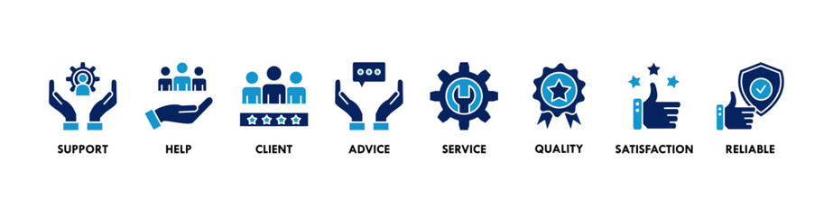 Customer care banner web icon vector illustration concept for customer support and telemarketing service with an icon of help, client, advice, chat, service, reliability, quality, and satisfaction