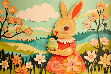 Paper craft Easter bunny holding an egg surrounded by spring flowers and rolling hills whimsical hol