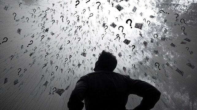 Man overwhelmed by questions, outdoors, sunlight, uncertainty.  Conceptual image for anxiety