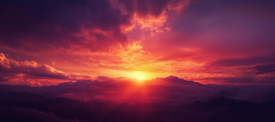 Fototapeta premium Amazing mountain landscape with colorful vivid sunset on the bright sky, natural outdoor travel background