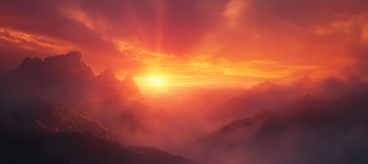 Fototapeta premium Amazing mountain landscape with colorful vivid sunset on the bright sky, natural outdoor travel background