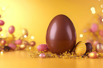 Large chocolate Easter egg with small decorated eggs festive holiday celebration golden bokeh backgr