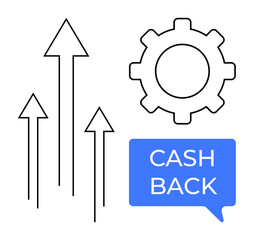 Arrows pointing upwards for growth, a cogwheel symbolizing operations, and a blue speech bubble with Cash Back. Ideal for business growth, financial incentives, operational efficiency, profit