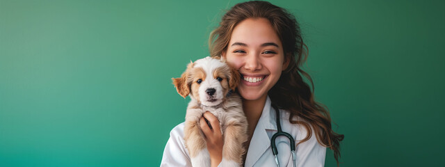 Cheerful veterinarian holds playful puppy against bright green background, perfect for pet care promotions