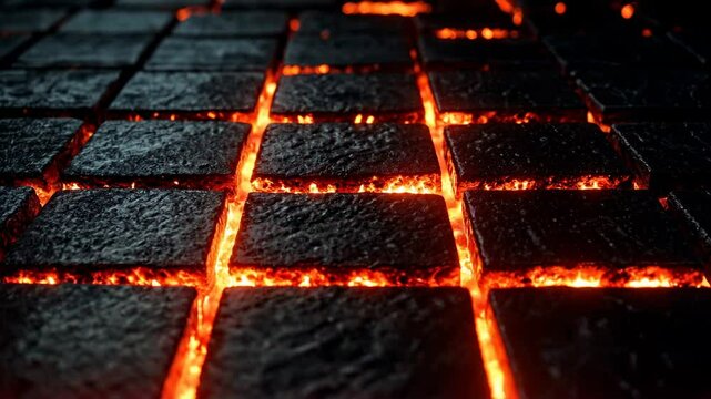 Glowing Hot Lava Stone Background Animation Loop: Infernal Fire Tiles Burning Brightly, Seamless Texture Animation