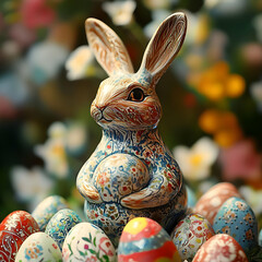 Ornate Easter bunny figurine surrounded by decorated eggs a festive spring holiday decoration perfec