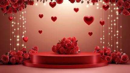 A beige Valentine's Day backdrop with a circular red stage, roses, and hearts for a magical romantic effect.