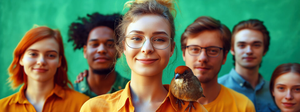 Volunteers dedicated to wildlife rescue standing together with an injured bird against a vibrant green backdrop
