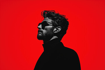 Fototapeta premium Silhouette of a man wearing sunglasses against a red background