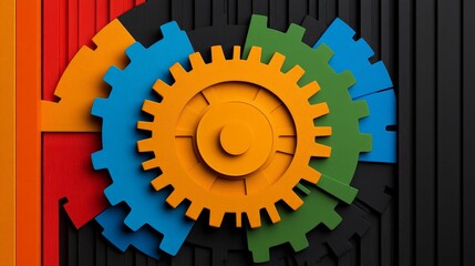 Colorful Cogs: A captivating abstract design featuring a central, vibrant orange cog interlocked with smaller blue, green, and red cogs, all set against a dark textured backdrop.