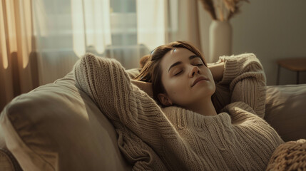 Woman Relaxing on Couch in Cozy Living Room with Warm Natural Light